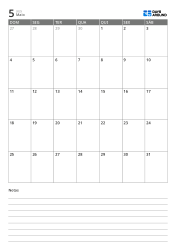 Modelo de calendário mensal vertical com uma grade mensal 7×5 na parte superior e um espaço de notas com linhas na parte inferior.