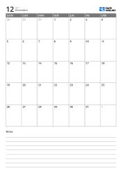 Plantilla de calendario mensual en formato vertical con una cuadrícula mensual 7×5 en la parte superior y un espacio de notas con líneas en la parte inferior.