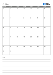 Modello di calendario mensile verticale con una griglia mensile 7×5 in alto e uno spazio note a righe in basso.