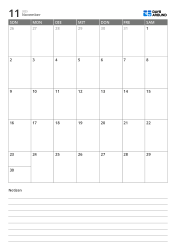 Monatskalendervorlage im Hochformat mit einem 7×5-Monatsraster oben und einem linierten Notizbereich unten.