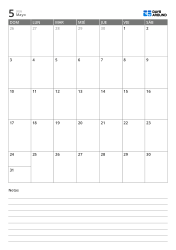 Plantilla de calendario mensual en formato vertical con una cuadrícula mensual 7×5 en la parte superior y un espacio de notas con líneas en la parte inferior.