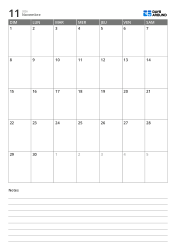 Modèle de calendrier mensuel au format portrait avec une grille mensuelle 7×5 en haut et un espace de notes ligné en bas.