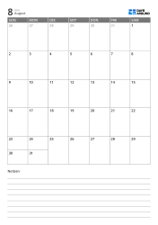 Monatskalendervorlage im Hochformat mit einem 7×5-Monatsraster oben und einem linierten Notizbereich unten.