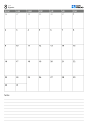Plantilla de calendario mensual en formato vertical con una cuadrícula mensual 7×5 en la parte superior y un espacio de notas con líneas en la parte inferior.