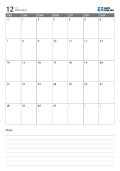 Modèle de calendrier mensuel au format portrait avec une grille mensuelle 7×5 en haut et un espace de notes ligné en bas.