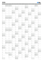 Annual calendar template with all 12 months in a table layout(Portrait)