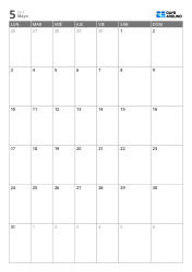 Calendario mensual vertical de 6 semanas con fines de semana ampliados y días laborables reducidos