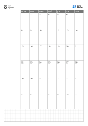 Plantilla de calendario mensual vertical con calendario de 6 semanas que inicia en domingo, espacio de notas a la izquierda y cuadrícula inferior