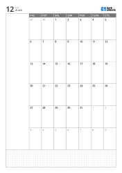 Dikey aylık takvim şablonu, pazar başlangıçlı 6 haftalık takvim, solda not alanı ve altta grid not bölümü