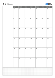 Monatskalender-Vorlage im Portrait-Format mit 6-Wochen-Kalender ab Sonntag, Notizbereich links und Grid-Notizbereich unten