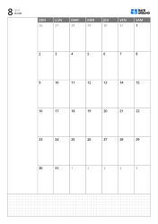 Modèle de calendrier mensuel portrait avec calendrier sur 6 semaines commençant le dimanche, espace de notes à gauche et grille en bas