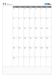 Portrait monthly calendar template with Sunday-start 6-week calendar, left memo area and bottom grid note section