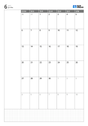 Modelo de calendário mensal em retrato com calendário de 6 semanas iniciando no domingo, área de notas à esquerda e grade inferior