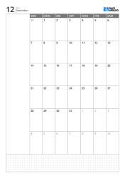 Monatskalender-Vorlage im Portrait-Format mit 6-Wochen-Kalender ab Sonntag, Notizbereich links und Grid-Notizbereich unten