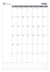 Modelo de calendário mensal em retrato com calendário de 6 semanas iniciando no domingo, área de notas à esquerda e grade inferior