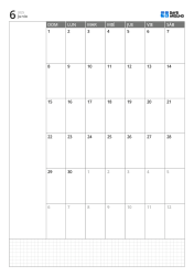Plantilla de calendario mensual vertical con calendario de 6 semanas que inicia en domingo, espacio de notas a la izquierda y cuadrícula inferior