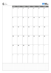 Plantilla de calendario mensual vertical con calendario de 6 semanas que inicia en domingo, espacio de notas a la izquierda y cuadrícula inferior