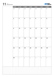 Plantilla de calendario mensual vertical con calendario de 6 semanas que inicia en domingo, espacio de notas a la izquierda y cuadrícula inferior
