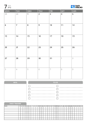 Portrait monthly calendar with a 7×6 Monday-start grid at the top and goal, to-do, and daily tracker sections at the bottom