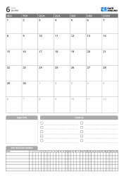 Calendário mensal em formato retrato com grade 7×6 iniciando na segunda na parte superior e seções de metas, tarefas e rastreamento diário na parte inferior