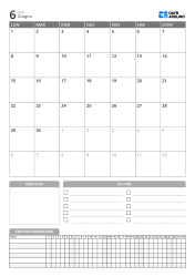 Calendario mensile in formato verticale con griglia 7×6 con inizio lunedì in alto e sezioni obiettivi, attività e tracker giornaliero in basso