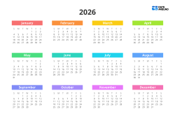 Yearly calendar in a 4×3 layout with all 12 months on one page and color-coded month labels for clear year-at-a-glance planning