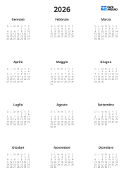 Modello di calendario annuale con mini calendari 3×4 e spaziatura ampliata per le note (Verticale)