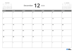 5-week landscape monthly calendar starting Monday with previous and next month preview and flexible margins