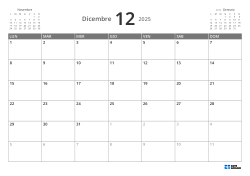 Calendario mensile orizzontale di 5 settimane con inizio lunedì, anteprima mesi e margini flessibili