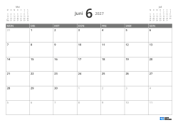 5-wöchiger Monatskalender im Querformat mit Wochenstart am Montag, Vorschau auf Vor- und Folgemonat und flexiblem Randbereich