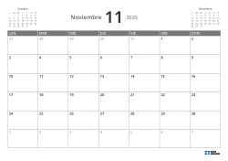 Calendario mensual horizontal de 5 semanas con inicio en lunes, vista previa de meses y márgenes flexibles