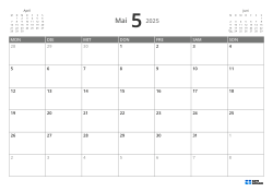5-wöchiger Monatskalender im Querformat mit Wochenstart am Montag, Vorschau auf Vor- und Folgemonat und flexiblem Randbereich