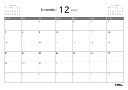 5-wöchiger Monatskalender im Querformat mit Wochenstart am Montag, Vorschau auf Vor- und Folgemonat und flexiblem Randbereich