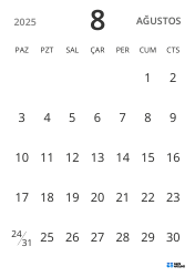 dikey aylık takvim şablonu, yalnızca tarihleri göstererek sade tasarımla planlamaya odaklanmayı sağlar