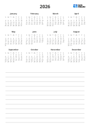 A yearly calendar arranged as a 4-column × 3-row grid at the top, with a Notes section at the bottom – yearly calendar template (Vertical).