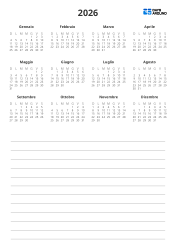 In alto un calendario annuale in una griglia 4 colonne × 3 righe e in basso uno spazio Note – modello di calendario annuale (Verticale).