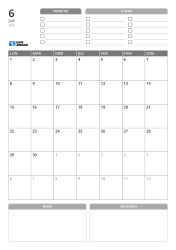 En haut, priorités et liste de tâches, au centre un calendrier mensuel 7×6 début lundi, en bas des espaces de révision et réflexion en format portrait