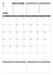 Top section includes priorities and to-do lists, center shows a 7×6 Monday-start monthly calendar grid, bottom includes review and reflection areas in portrait format