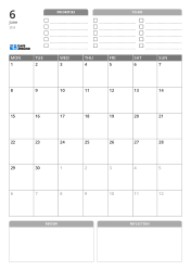 Top section includes priorities and to-do lists, center shows a 7×6 Monday-start monthly calendar grid, bottom includes review and reflection areas in portrait format