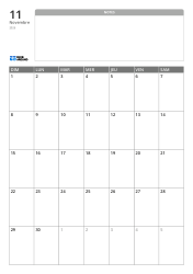 Modèle de calendrier mensuel au format portrait avec un large espace de notes non ligné en haut et une grille mensuelle 7×5 en bas.