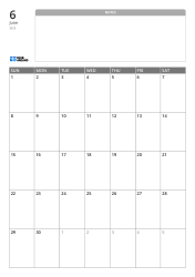 A portrait monthly calendar template with a wide unlined notes section at the top and a 7×5 monthly grid at the bottom.