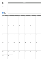 Modelo de calendário mensal vertical com um amplo espaço de notas sem linhas na parte superior e uma grade mensal 7×5 na parte inferior.