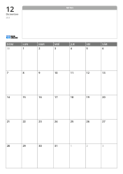 Plantilla de calendario mensual en formato vertical con un amplio espacio de notas sin líneas en la parte superior y una cuadrícula mensual 7×5 en la parte inferior.