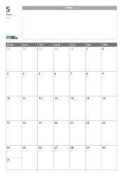 Modelo de calendário mensal vertical com um amplo espaço de notas sem linhas na parte superior e uma grade mensal 7×5 na parte inferior.