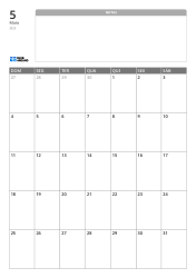 Modelo de calendário mensal vertical com um amplo espaço de notas sem linhas na parte superior e uma grade mensal 7×5 na parte inferior.