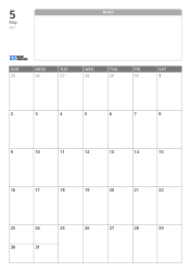 A portrait monthly calendar template with a wide unlined notes section at the top and a 7×5 monthly grid at the bottom.