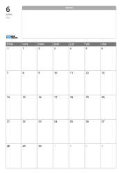 Plantilla de calendario mensual en formato vertical con un amplio espacio de notas sin líneas en la parte superior y una cuadrícula mensual 7×5 en la parte inferior.