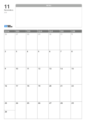 Modelo de calendário mensal vertical com um amplo espaço de notas sem linhas na parte superior e uma grade mensal 7×5 na parte inferior.