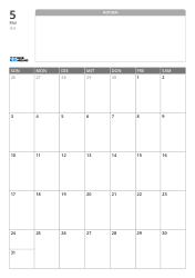 Monatskalendervorlage im Hochformat mit einem breiten, unlinierten Notizbereich oben und einem 7×5-Monatsraster unten.