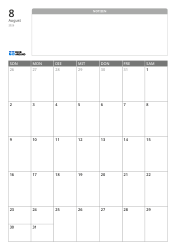 Monatskalendervorlage im Hochformat mit einem breiten, unlinierten Notizbereich oben und einem 7×5-Monatsraster unten.